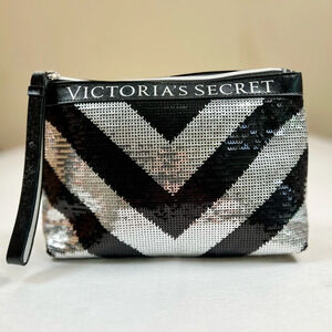 VICTORIA’S SECRET Black Silver Sequin‎ Cosmetic Makeup Travel Organization Bag